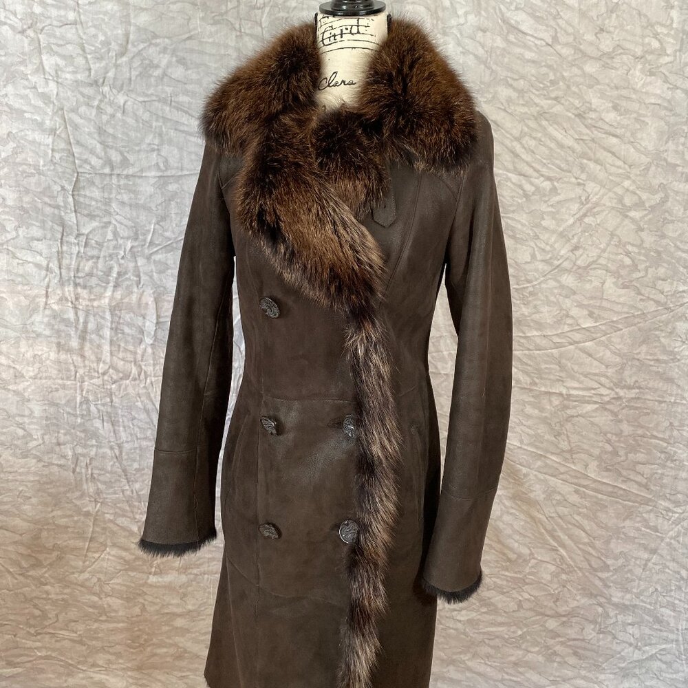 Stylish Gina Bacconi Genuine Tuscany Lamb Shearling Coat Raccoon Collar EUR M